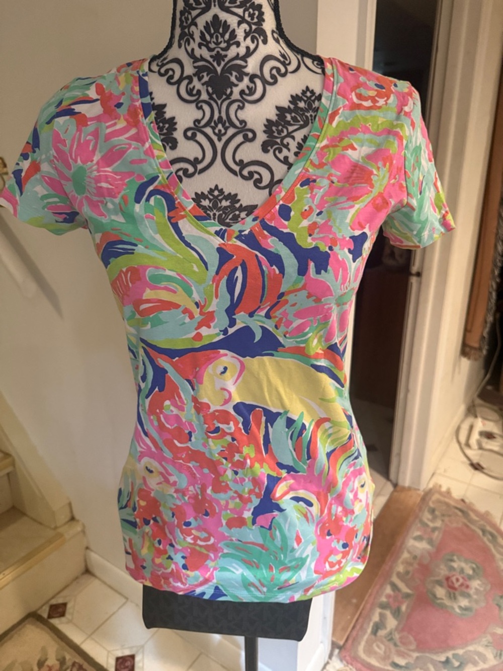 Lilly Pulitzer V-Neck Short Sleeve Top in Pink, Green, Blue and Yellow